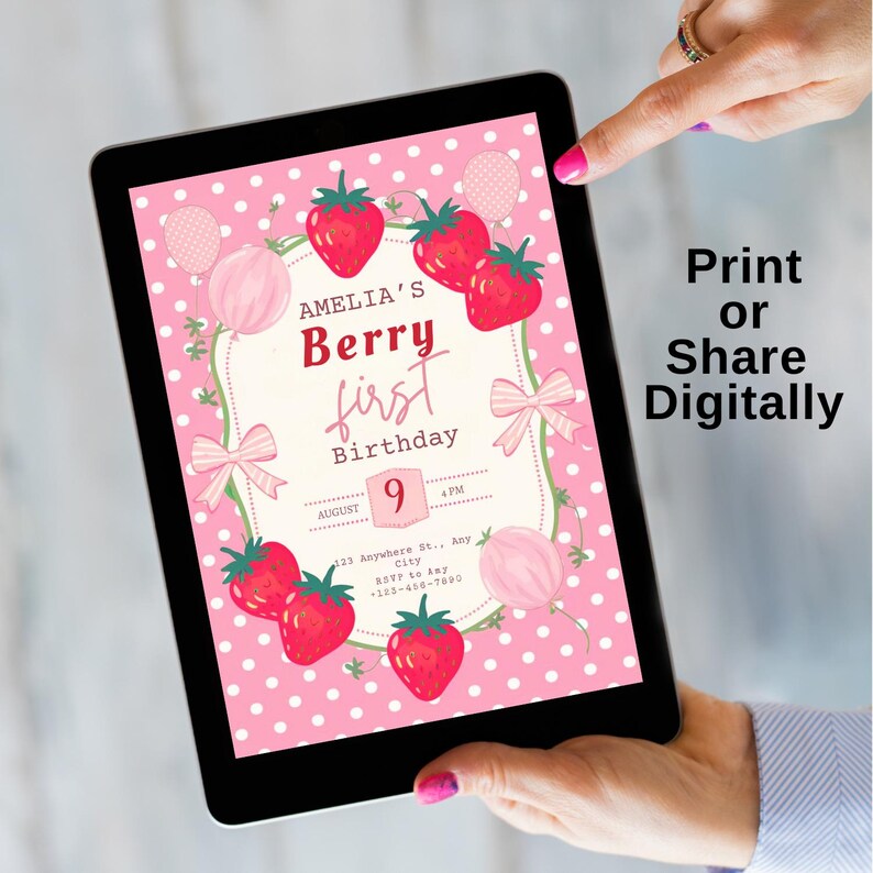 Editable Strawberry Birthday Invitation First Birthday Berry Sweet ...