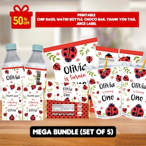 May include: A set of printable party supplies with a ladybug theme. Includes water bottle labels, chip bags, juice labels, thank you tags, and a chocolate bar wrapper. The text includes "Olivia is turning One" and "Thank you for celebrating with me!"