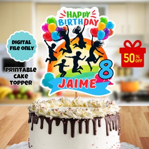 May include: Printable cake topper featuring a rainbow background with silhouettes of children jumping with balloons. The topper says "Happy Birthday" and "Jaime" with the number "8" in blue.