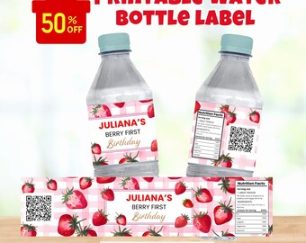 Editable strawberry Water Bottle Label, Berry Water Bottle Label Printable Template, Strawberry Water Bottle Label, Berry Birthday Party