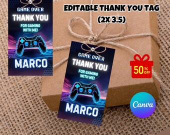 Editable Gamer Birthday Tags Video Game Thank You Tag Template Video Game Birthday Favor Tags Gaming Party Tags Game On Neon Gamer
