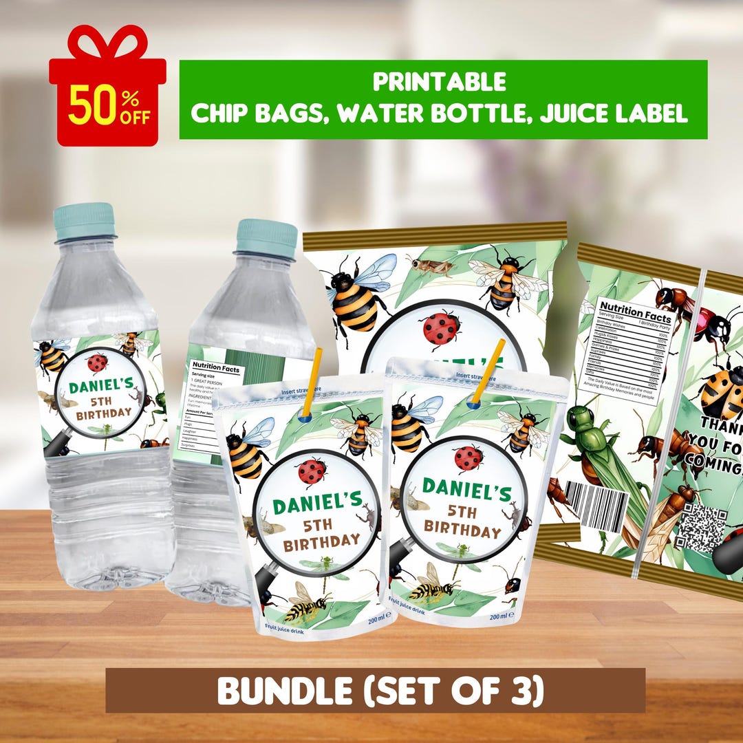 Editable Bugs Insects Party Bundle, Insects Bugs Chip Bag, Juice Label ...