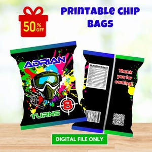 May include: Printable chip bags with a paintball theme. The front of the bag features a black and green paintball mask with a colorful paint splatter background. The text "Adrian Turns 8" is printed on the bag. The back of the bag has a nutrition facts label and a thank you message.
