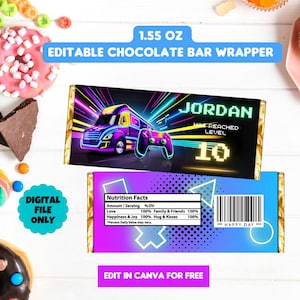 Video game truck Birthday candy bar wrapper, Template Printable, Gaming Birthday chocolate labels, Canva Editable chocolate label chocolate