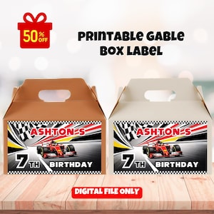 May include: Printable gable box labels featuring a red race car on a black and white chequered flag background. The labels say "Ashton's 7th Birthday".