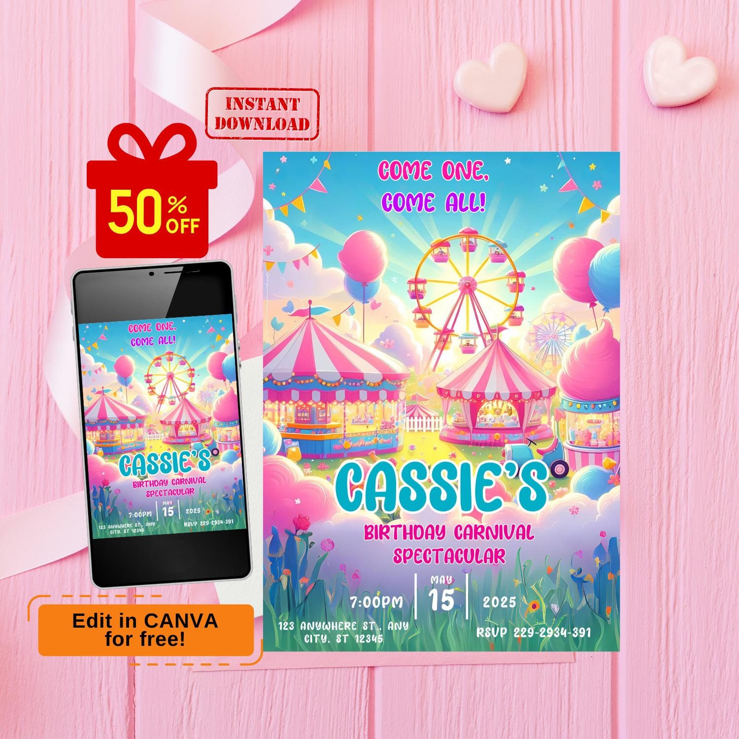 pink Carnival Birthday Invitation, Circus Birthday Invitation, Carnival Invitation, carnival party invite, birthday carnival invite
