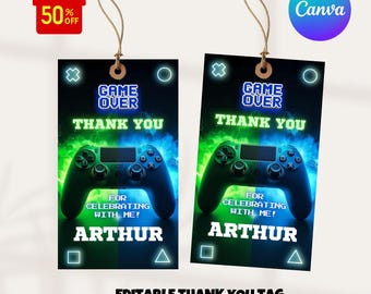 Tag di compleanno per videogiochi, modello di tag di ringraziamento per videogiochi, tag di compleanno per videogiochi, tag per feste di videogiochi, Game On Neon Gamer