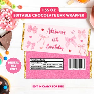 Coquette Pink Bow Chocolate Wrapper Template, Pink Ribbon Birthday Party Candy Bar Wrapper, printable pink bow chocolate wrapper, digital