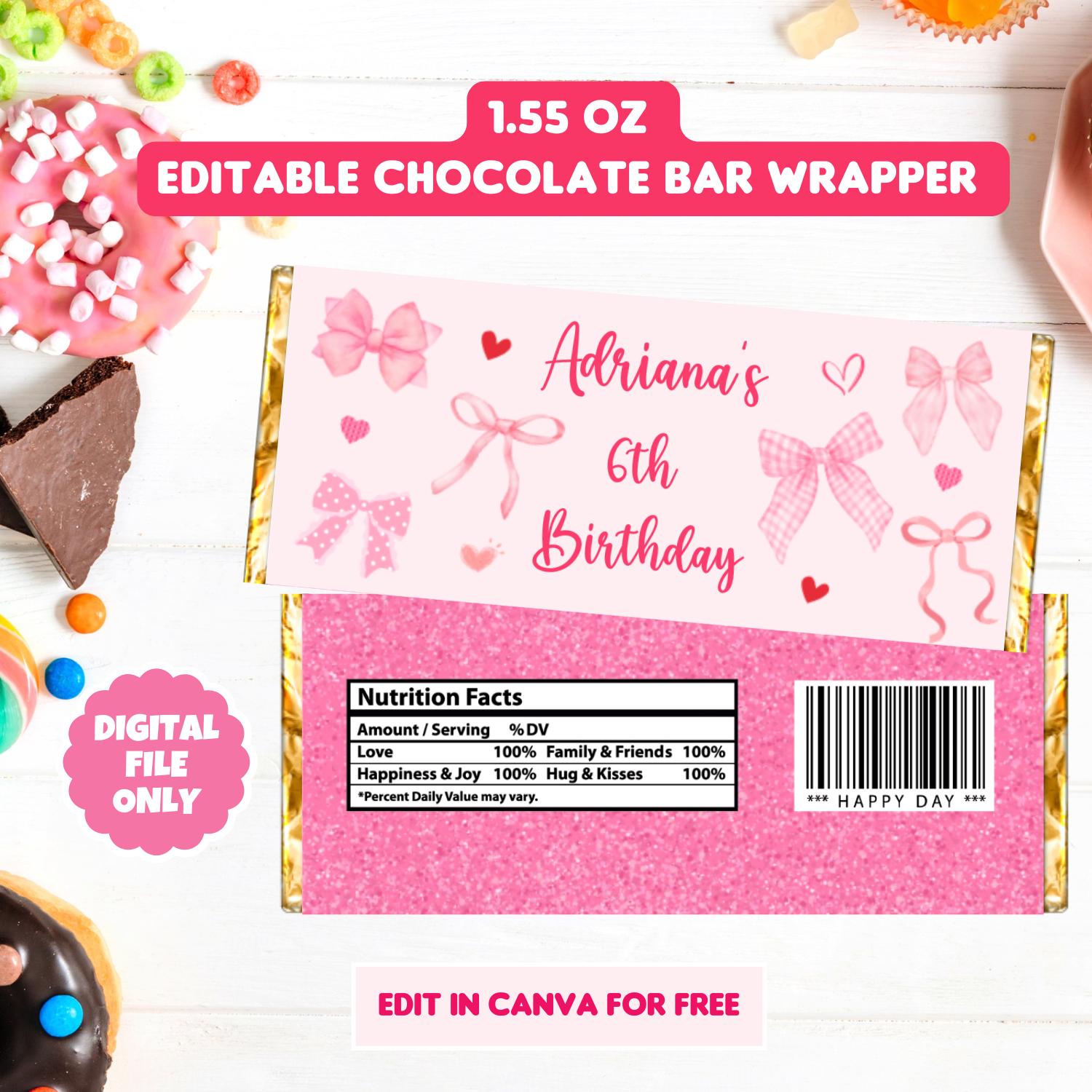 Pink Ribbon Wrapper Coquette Pink Bow Chocolate Wrapper Template, Pink Ribbon Birthday ...