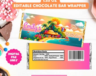 May include: Editable chocolate bar wrapper template featuring a tropical island scene with a hut, palm trees, and a beach. The text "Emily's 8th Birthday" is on the wrapper. The wrapper is 1.55 oz.