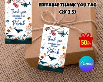May include: Editable thank you tag with an ocean theme. The tag features a blue whale, starfish, jellyfish, and other sea creatures. The text on the tag reads "Thank you for coming to my birthday! Patrick".