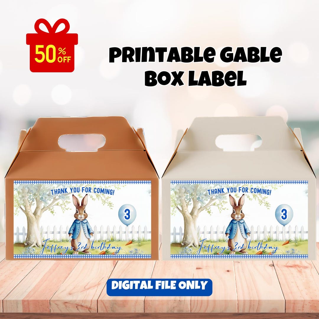 Rabbit Gable Box Label Template, Editable Flopsy Bunny Party Sticker ...