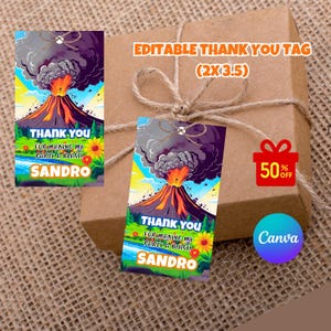 May include: Editable thank you tag featuring a volcano erupting in the background. The tag measures 2 inches by 3.5 inches and reads "Thank you for making my party a blast! Sandro".