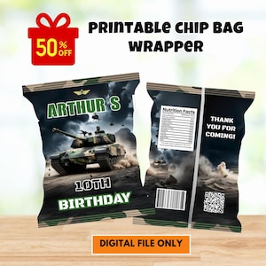 Editable Army Chip Bag wrapper , Army Party, printable Military Birthday chip bag, Camouflage Chip Bag, Army favors, Camouflage Party