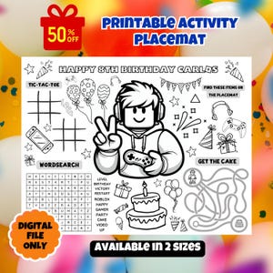 May include: Printable activity placemat for an 8th birthday party featuring a black and white illustration of a gamer holding a video game controller. The placemat includes a tic-tac-toe game, word search, and a maze. The text "Happy 8th Birthday Carlos" is at the top of the placemat.