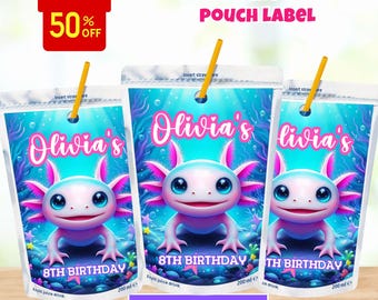 Editable Axolotl Juice Label, neutral gender Axolotl, Axolotl Party, Party Printable Template, Cute Axolotl, Party Favors, Capri Sun