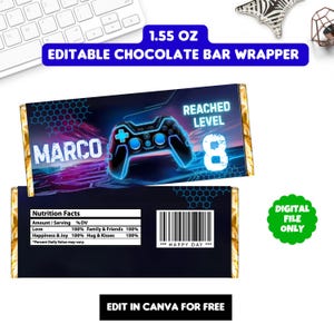 Gamer Birthday candy bar wrapper, Template Printable, Gaming Birthday chocolate labels, Canva Editable chocolate label chocolate bar wrapper