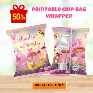 Bearbeitbare Fee Geburtstagsparty Chip Taschen wunderliche verzauberte eine magische Blumenfee Prinzessin Party Chip Tasche Gefälligkeiten Sofort Download