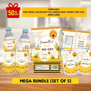 May include: Printable party favor set for a first birthday with a bee theme. The set includes chip bags, water bottle labels, a chocolate bar wrapper, thank you tags, and juice box labels. The labels feature a yellow and black bee design with the text "Camille's First Bee-Day".