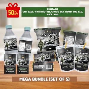 Editable military birthday bundle, army birthday pack, party bundle, chips and juice bag, water bottle labels, chocolate, thank you tag