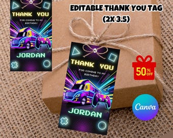 Editable Video game truck  Tags Video Game Thank You Tag Template Video Game Birthday Favor Tags Gaming Party Tags Game On Neon Gamer