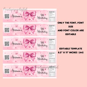 May include: Pink water bottle labels with a bow, hearts, and the text "Ariana's 5th Birthday." The labels are on a pink watercolor background. The template is editable, 8.5" x 11" inches.