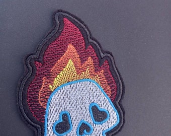 Flaming Skull Embroidered Patch Iron On Heat and Bond.
