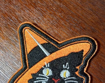 Vintage Inspired, Black Cat  Halloween Cat, Embroidered Patch, Iron On, Witch Hat,Retro Halloween Kitty