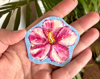 Pink Glitter Hibiscus Flower Sticker: Tropical Waterproof Vinyl