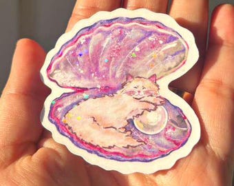 Holographic Sleeping Cat Seashell Sticker: Celestial Pearl Kitty Art