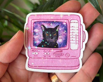 Retro TV Cat Sticker – Vaporwave Black Cat in Space