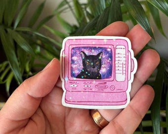 Retro TV Cat Sticker – Vaporwave Black Cat in Space