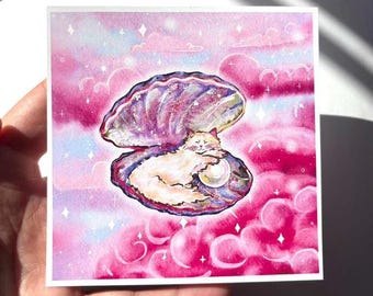 Dreamcore Cat Art Print: Celestial Kitty in Clamshell, Pink Cloud Fantasy (4x4 inch)