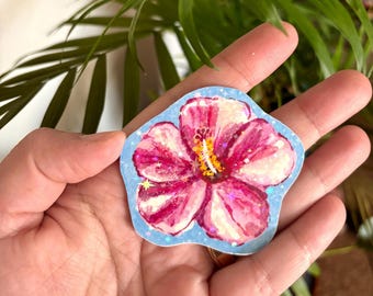 Pink Glitter Hibiscus Flower Sticker: Tropical Waterproof Vinyl