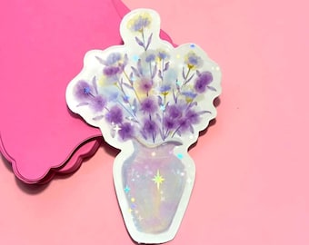 Purple Floral Vase Holographic Sticker | Cottagecore Flower Vinyl Sticker | Pastel Botanical