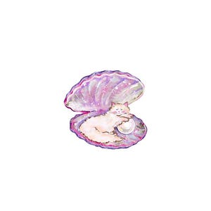 May include: A watercolour illustration depicts a white cat inside a purple and pink seashell. A pearl rests beside the cat. The shell is open, showing the cat nestled within. The artwork is set against a white background.