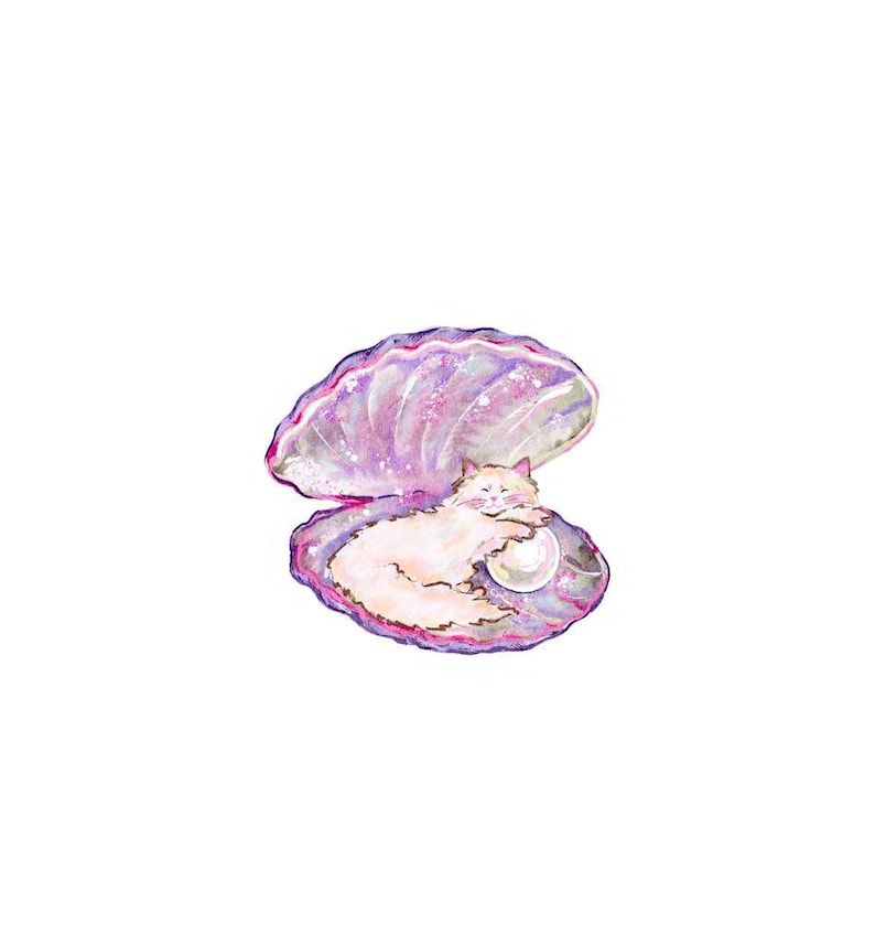 May include: A watercolour illustration depicts a white cat inside a purple and pink seashell. A pearl rests beside the cat. The shell is open, showing the cat nestled within. The artwork is set against a white background.