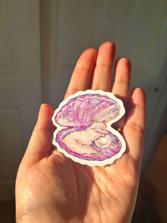 Holographic Sleeping Cat Seashell Sticker: Celestial Pearl Kitty Art
