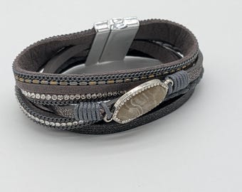 Gray Layered Wrap Bracelet – Faux Leather Magnetic Cuff with Crystal Accents