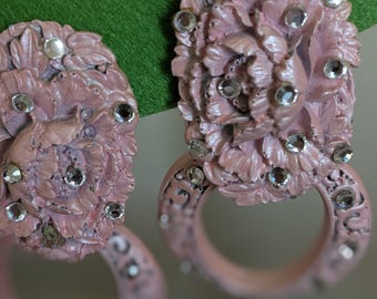 Vintage 50s Pink Molded Flower Earrings - Rhinestone Dangle Clip-Ons - Floral Statement Jewelry