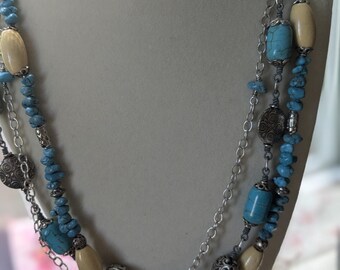 Blau Multi-Layered Perlen Halskette Elegant Boho Schmuck Vintage