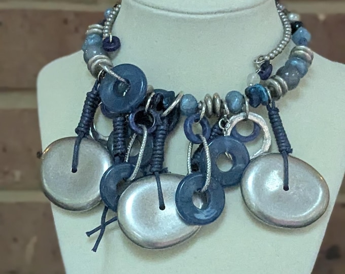 Featured listing image: Mid Century Charm Choker Necklace, Blue Gray Silver Beaded Jewelry, Abstract Bead Choker, Retro Statement Necklace, Vintage Inspired Gift