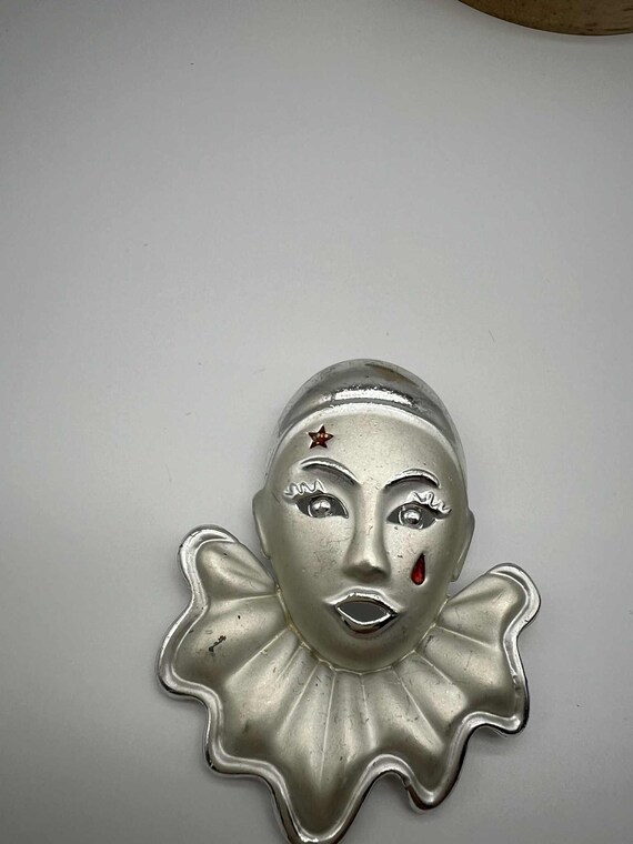 Vintage Pierrot Clown Face Brooch, Enamel Sad Clown Pin With Red 