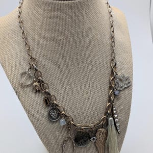 Signed Charms Tassel Statement Necklace – Vintage Sweater Necklace – Bold Designer Jewelry