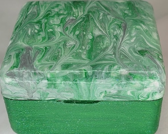 Acrylic Pour Art on 2.75 inch box with Silver and Green