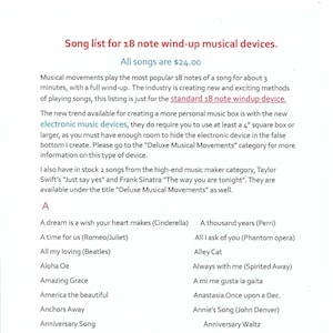 Song list for 18 note wind up music boxes