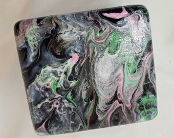 Acrylic pour art- 2.75 inch music box with black, pink, green and white colors