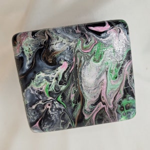 Acrylic pour art- 2.75 inch music box with black, pink, green and white colors