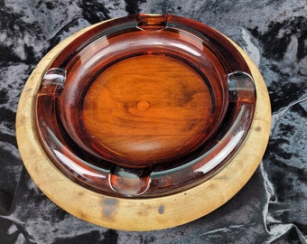 Vintage Amber 9" Ashtray in wood holder