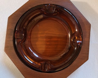 Vintage 5" Ashtray with wood holder- personal engraving